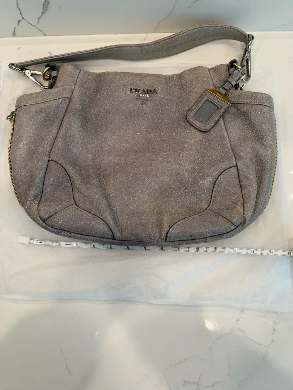 Prada Metallic Gray Cervo Lux Leather Hobo Shoulder Bag with COA